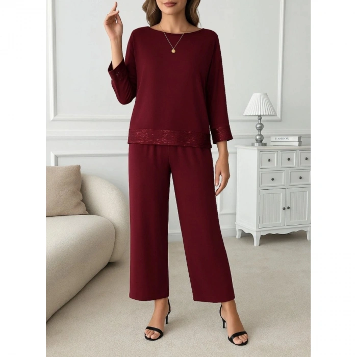 Kadın Uzun Kollu Bisiklet Yaka Pulpayetli Viskon Iki Iplik Bluz Ve Pantolon Ikili Takım