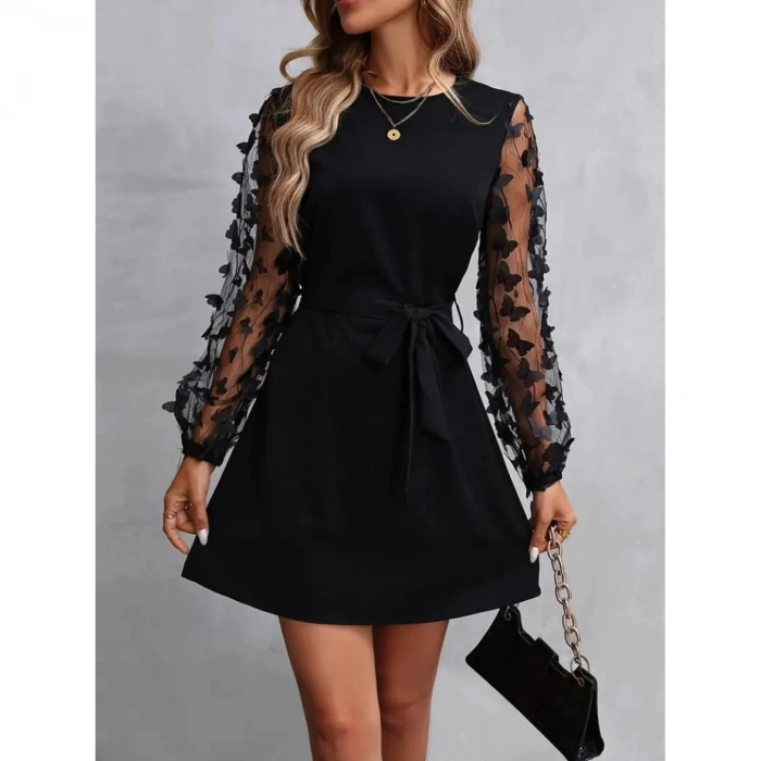 Kadın Uzun Kollu Bisiklet Yaka Kollar Tül Kelebek Detaylı Ithal Krep Elbise