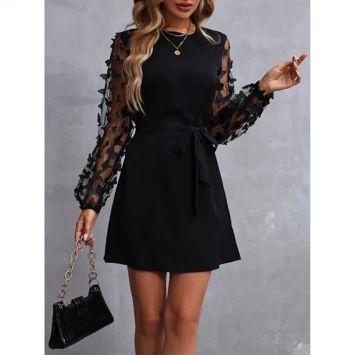 Kadın Uzun Kollu Bisiklet Yaka Kollar Tül Kelebek Detaylı Ithal Krep Elbise