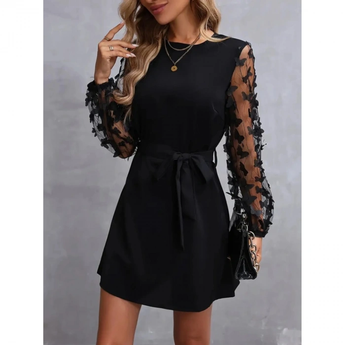 Kadın Uzun Kollu Bisiklet Yaka Kollar Tül Kelebek Detaylı Ithal Krep Elbise