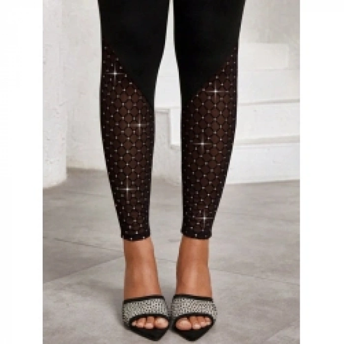 Kadın Yüksek Bel ışıltılı Tül Geometrik Detaylı Dalgıç Tayt