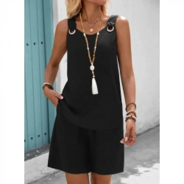 Kadın Askılı Yuvarlak Yaka Kuş Gözü Detaylı Bürümcük Bluz Ve Short Ikili Takım