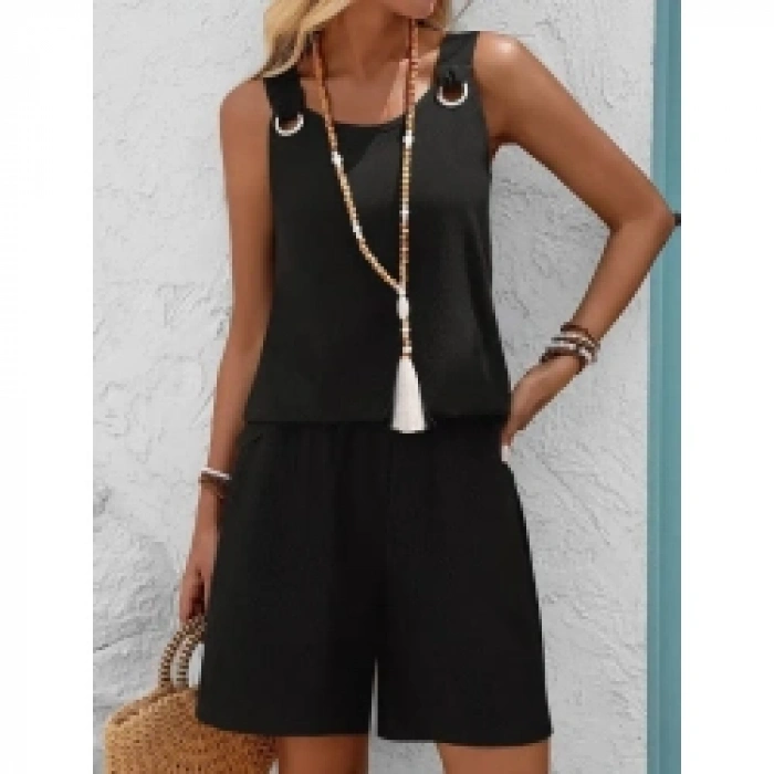 Kadın Askılı Yuvarlak Yaka Kuş Gözü Detaylı Bürümcük Bluz Ve Short Ikili Takım