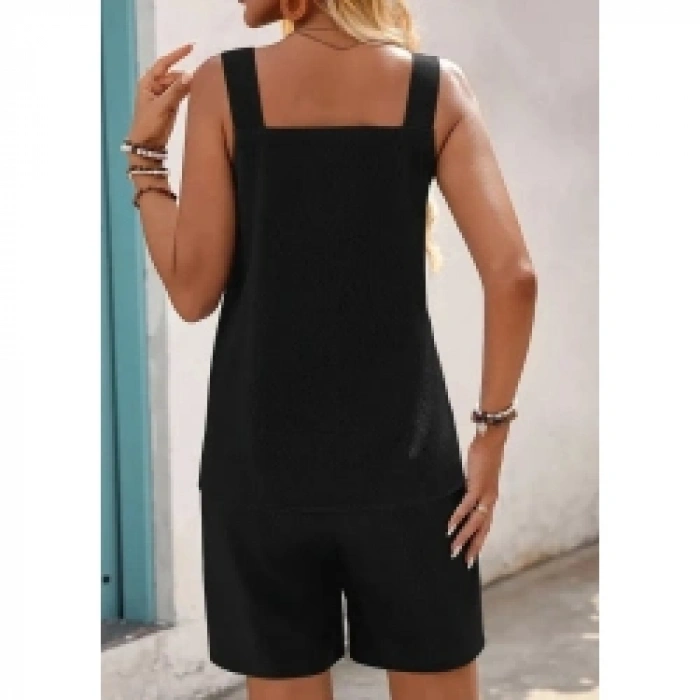 Kadın Askılı Yuvarlak Yaka Kuş Gözü Detaylı Bürümcük Bluz Ve Short Ikili Takım