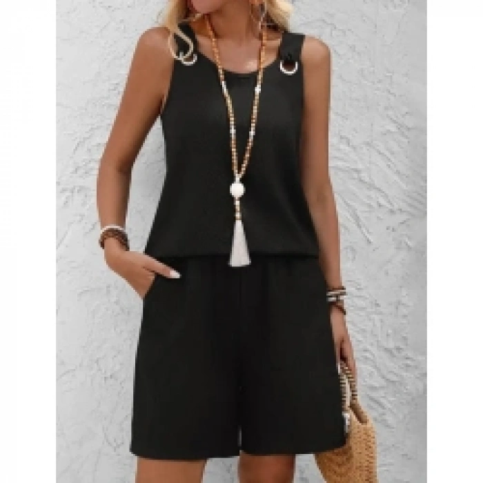 Kadın Askılı Yuvarlak Yaka Kuş Gözü Detaylı Bürümcük Bluz Ve Short Ikili Takım