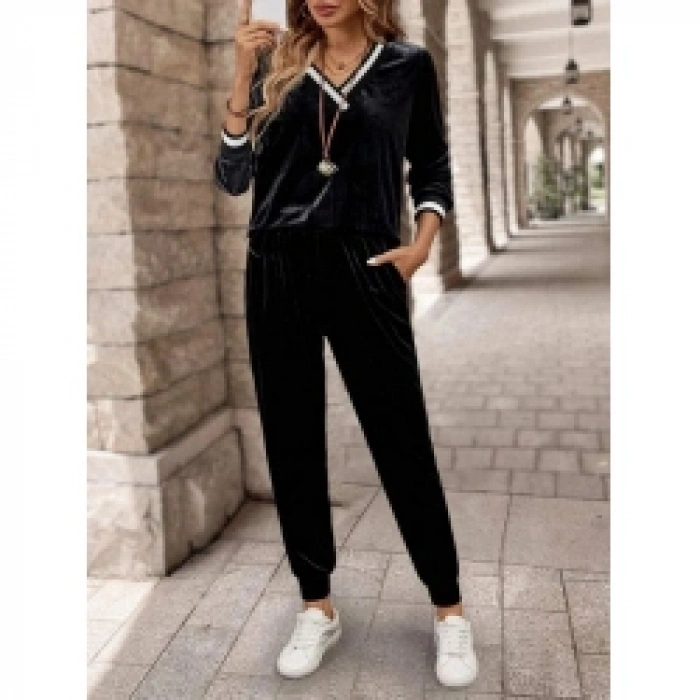 Kadın Uzun Kollu V Yaka Kadife Bluz Ve Pantolon Ikili Takım
