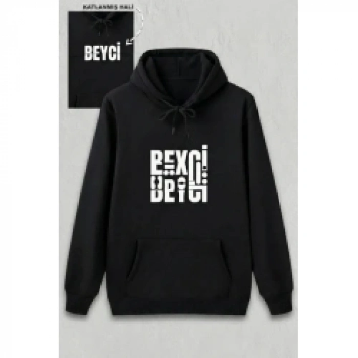 Sevgililer Günü Özel Kapüşonlu Beyci Baskılı Oversize Sweatshirt - Siyah