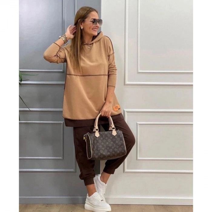 Kadın Kahve Kapşonlu Etek Ucu Detay Arma Ters Dikiş Gorunumlu Ikili Takım