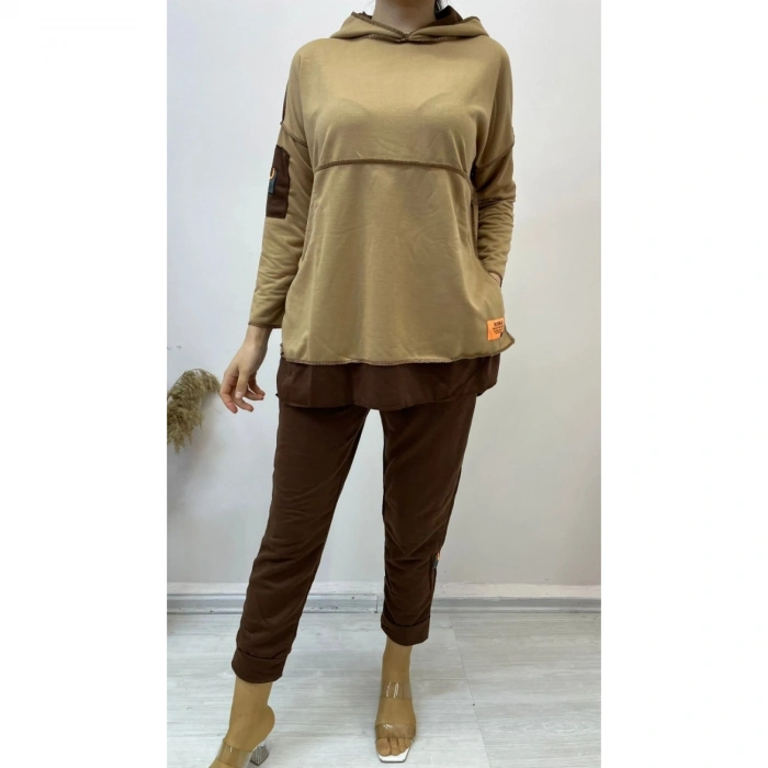 Kadın Kahve Kapşonlu Etek Ucu Detay Arma Ters Dikiş Gorunumlu Ikili Takım