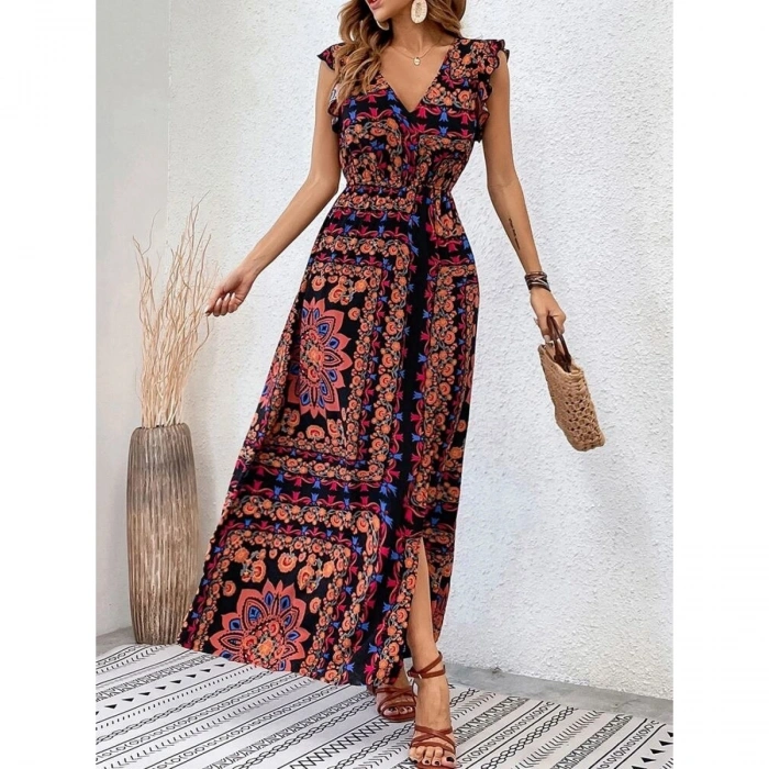 Kadın Kısa Kollu V Yakalı Deseni Yırtmaçlı Süprem Elbise