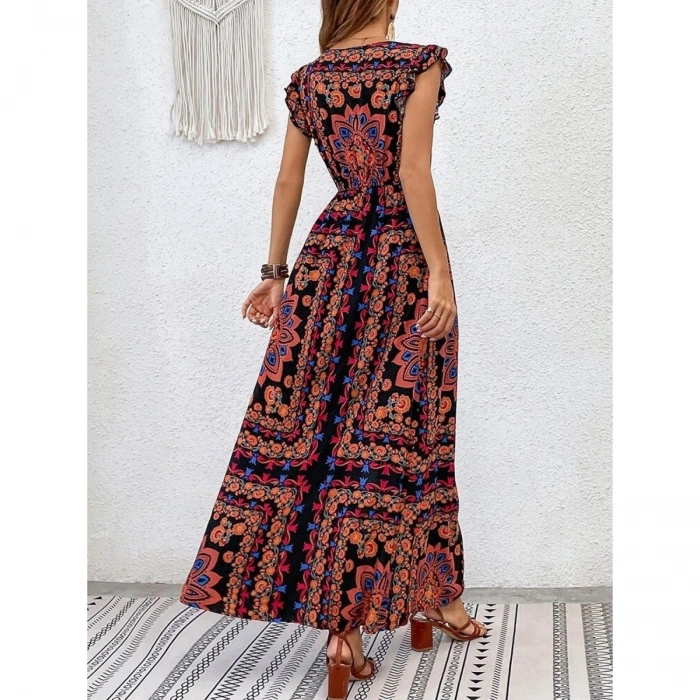 Kadın Kısa Kollu V Yakalı Deseni Yırtmaçlı Süprem Elbise