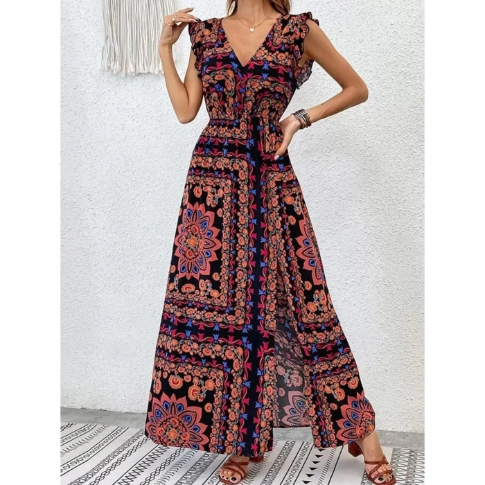 Kadın Kısa Kollu V Yakalı Deseni Yırtmaçlı Süprem Elbise