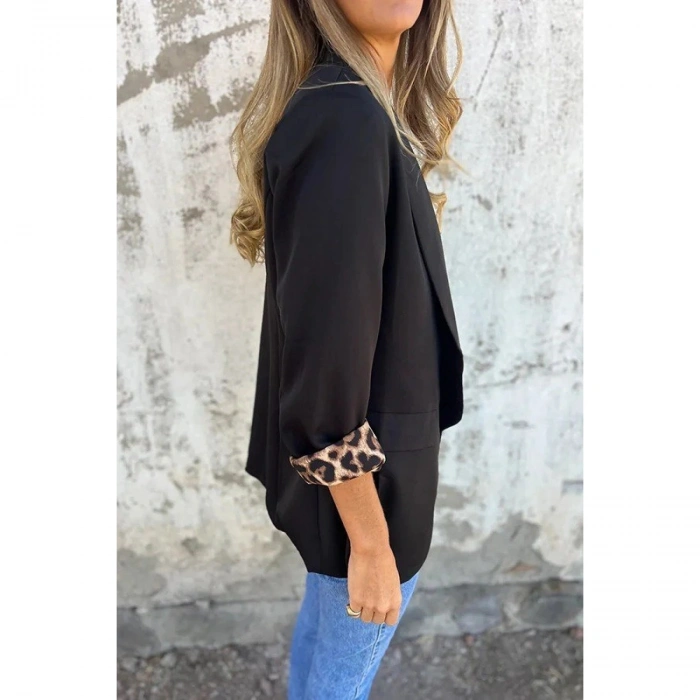 Kadın Uzun Kollu Yakalı önü Açık Leopar Desen Detaylı Astarlı Atlas Ceket