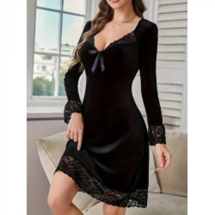 Kadın Uzun Kollu V Dantel Yakalı Mini Kadife Elbise