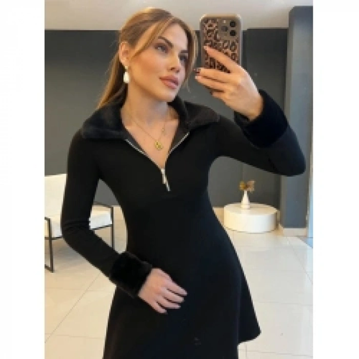 Kadın Uzun Kollu Kürk Yakalı Fermuarlı Kısa Viskon Iki Iplik Elbise