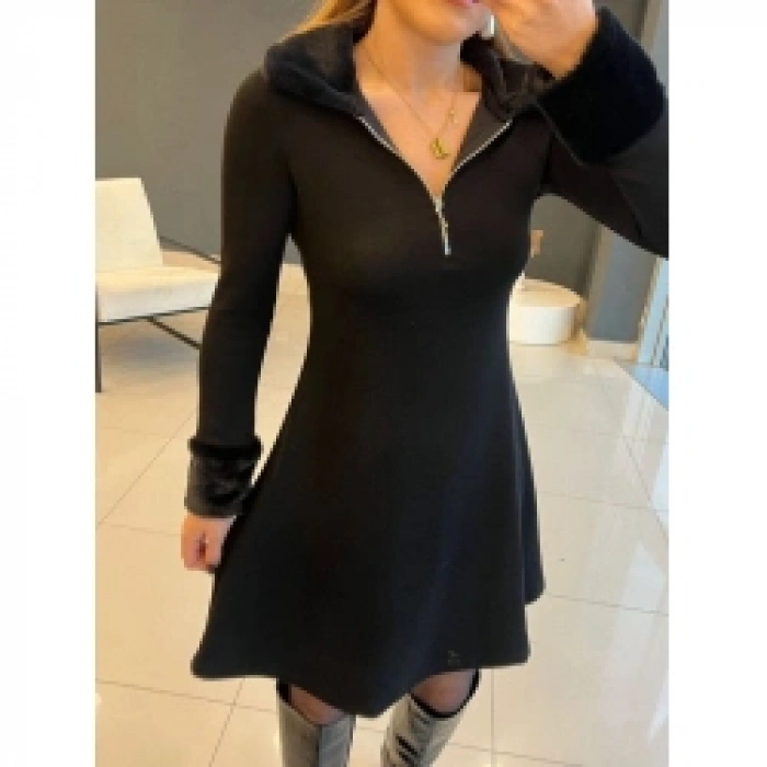 Kadın Uzun Kollu Kürk Yakalı Fermuarlı Kısa Viskon Iki Iplik Elbise