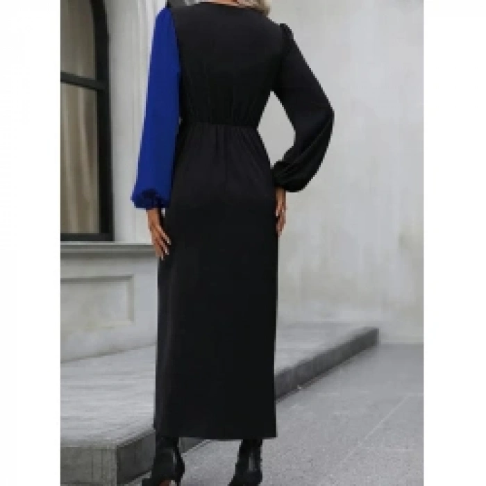 Kadın Uzun Kollu Kruvaze Yakalı Belden çapraz Detaylı çift Renkli Midi Ithal Krep Elbise