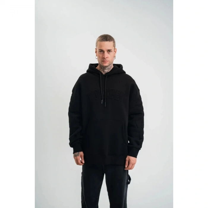 Double Oversize Kapşonlu Nakışlı SweatShirt - Siyah