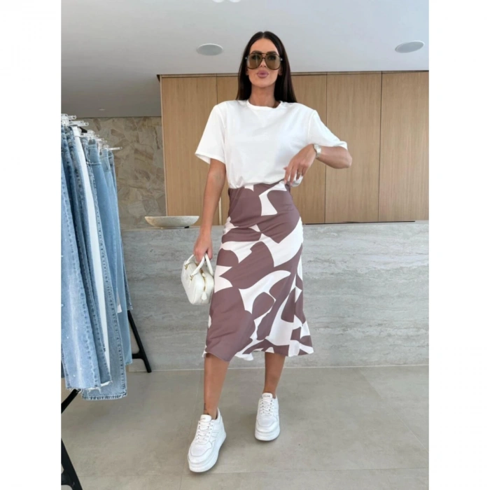 Kadın Kısa Kollu Bisiklet Yaka Viskon Bluz Ve Desenli Süprem Etek Ikili Takım