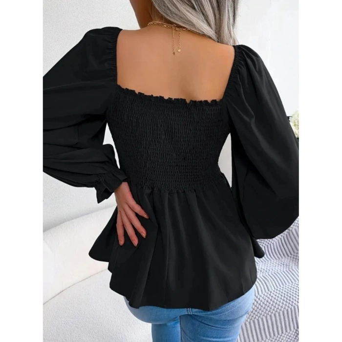 Kadın Uzun Kollu Geometrik Yakalı Gipe Detaylı Krep Bluz