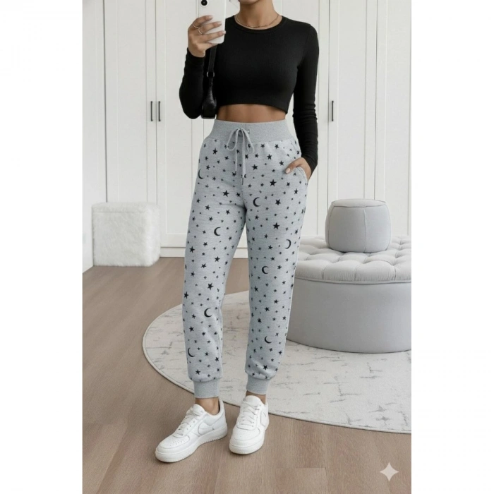 Kadın Yüksek Bel Bağcıklı Desenli Iki Iplik Pantolon