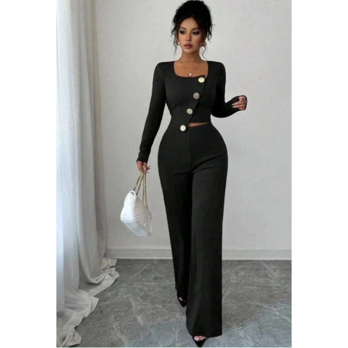 Kadın Uzun Kol Kare Yaka Asimetrik Düğme Detay Bluz Ve Yüksek Bel Pantolon Ikili Takım