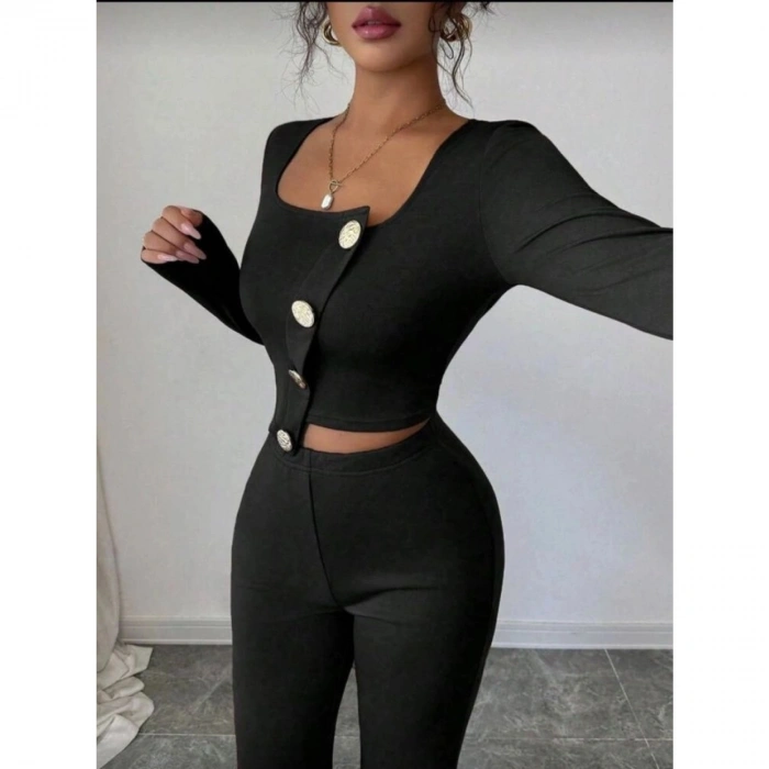 Kadın Uzun Kol Kare Yaka Asimetrik Düğme Detay Bluz Ve Yüksek Bel Pantolon Ikili Takım