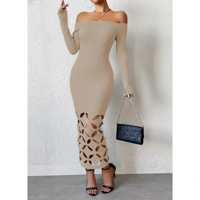 Kadın Madonna Yaka Uzun Kollu Lazer çiçek Kesim Detaylı Uzun Ithal Krep Elbise