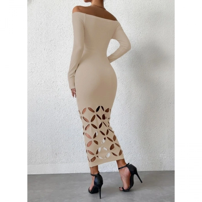 Kadın Madonna Yaka Uzun Kollu Lazer çiçek Kesim Detaylı Uzun Ithal Krep Elbise