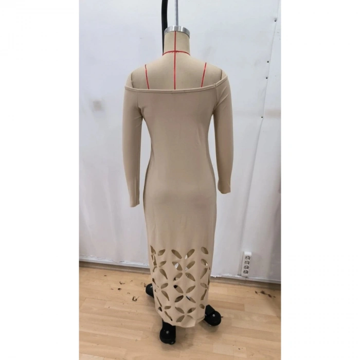 Kadın Madonna Yaka Uzun Kollu Lazer çiçek Kesim Detaylı Uzun Ithal Krep Elbise