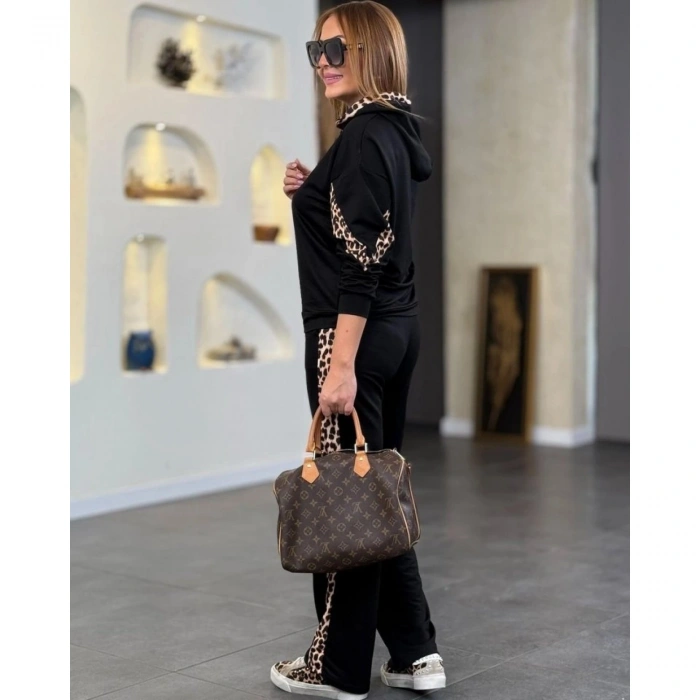 Kadın Kapüşonlu Leopar Detay Sweat Ve Yüksek Bel Yanları Leopar şeritli Bol Paça Pantolon Ikili Takım