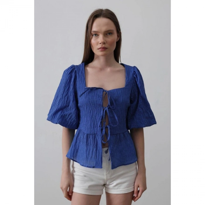Kare Yaka Balon Kol Bluz - Mavi