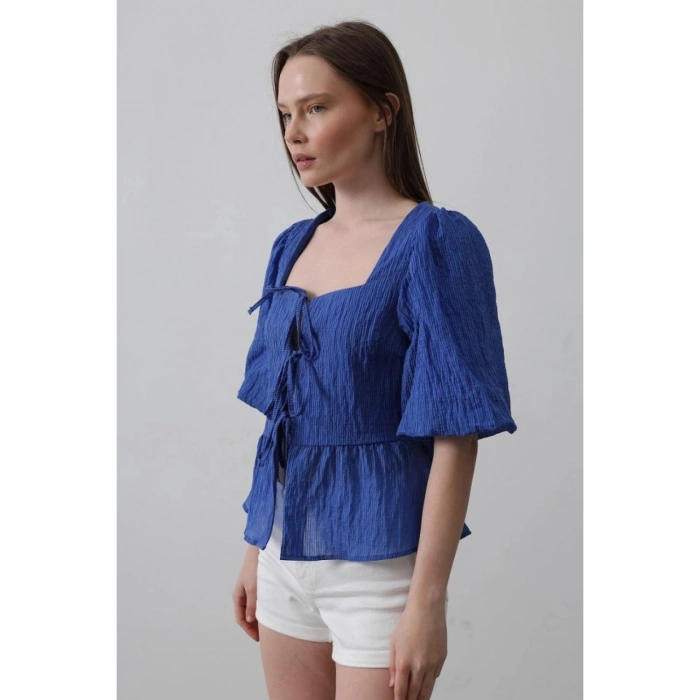 Kare Yaka Balon Kol Bluz - Mavi