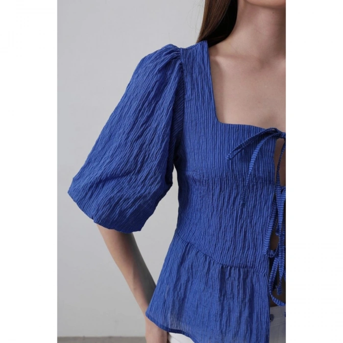 Kare Yaka Balon Kol Bluz - Mavi