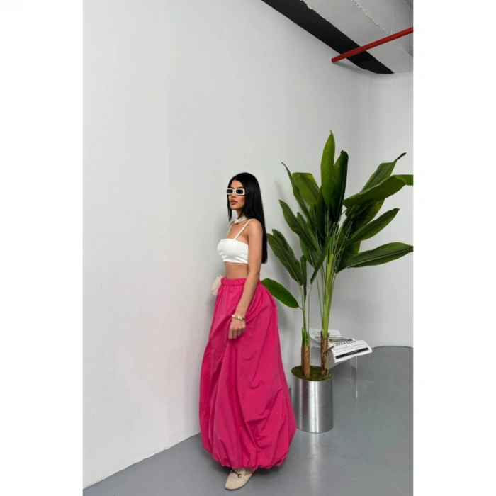 BEL LASTİKLİ BALON ETEK ŞANEL BOY SOFT KUMAŞ - Fuşya