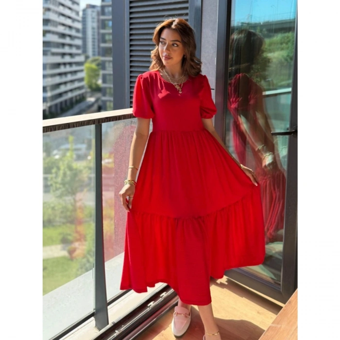 Kadın Kısa Kollu Yakası Açık Katlı Bürümcük Balon Elbise