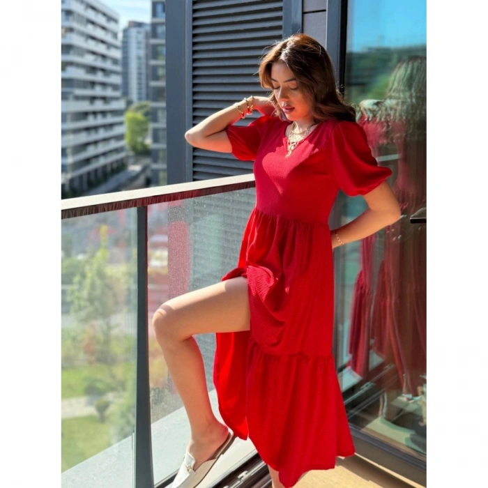 Kadın Kısa Kollu Yakası Açık Katlı Bürümcük Balon Elbise