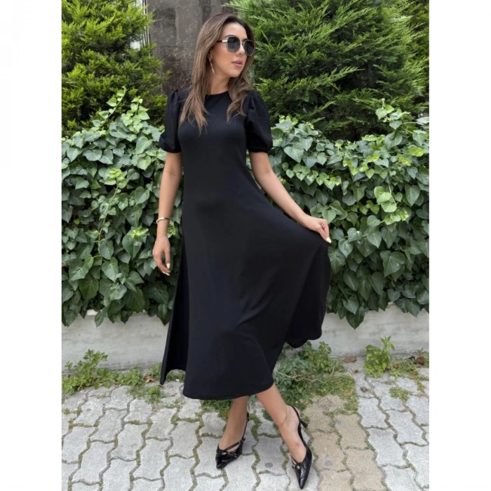 Kadın Kısa Balon Kollu Bisiklet Yaka Geniş Kesim Janjan Krep Elbise