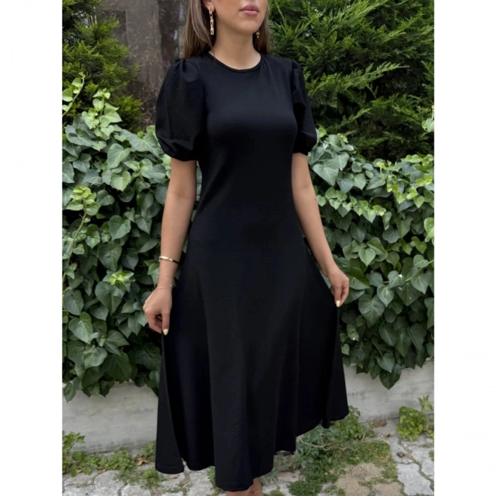 Kadın Kısa Balon Kollu Bisiklet Yaka Geniş Kesim Janjan Krep Elbise