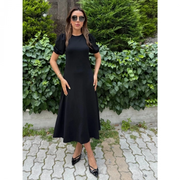 Kadın Kısa Balon Kollu Bisiklet Yaka Geniş Kesim Janjan Krep Elbise