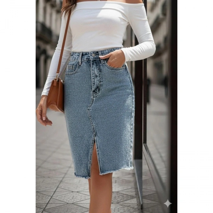 Kadın Elastik Bel Yırtık Kenar Detaylı Kot Etek