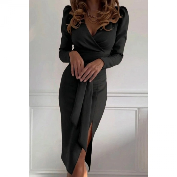 Kadın Uzun Kollu Kruvaze Yakalı Yandan Yırtmaçlı Belden Kuşaklı Midi Ithal Krep Elbise