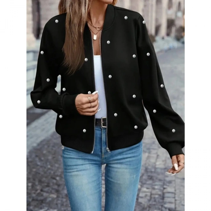 Kadın Uzun Kollu önden Fermuarlı Incili Kısa Modal Ceket