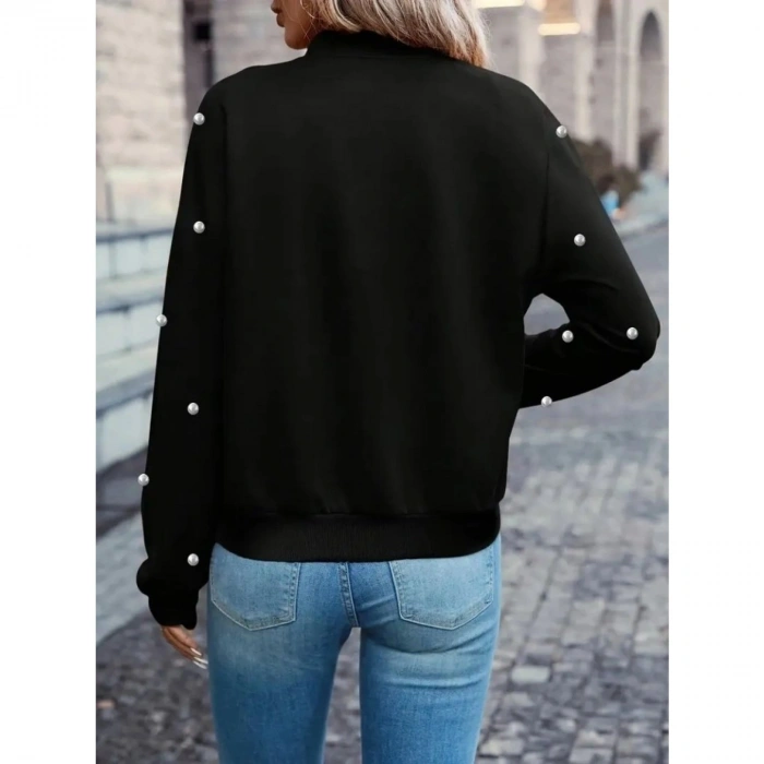 Kadın Uzun Kollu önden Fermuarlı Incili Kısa Modal Ceket