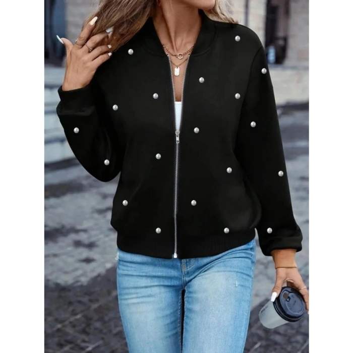 Kadın Uzun Kollu önden Fermuarlı Incili Kısa Modal Ceket