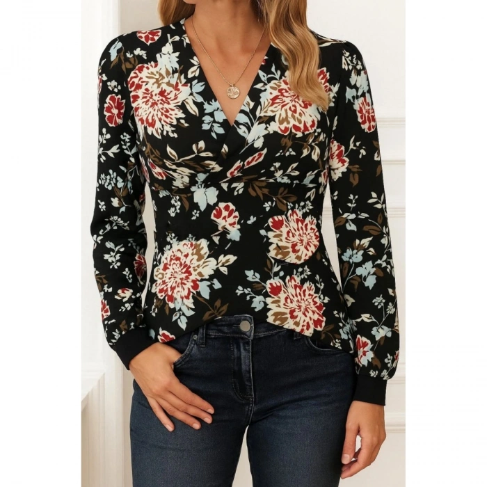 Kadın Uzun Kollu Kruvaze Yakalı Kelebek Desenli şardonlu Dalgıç Bluz