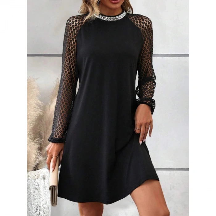 Kadın Uzun Kollu Yarı Balıkçı Yaka Pulpayetli Kolları Dantel Detaylı Mini Ithal Krep Elbise