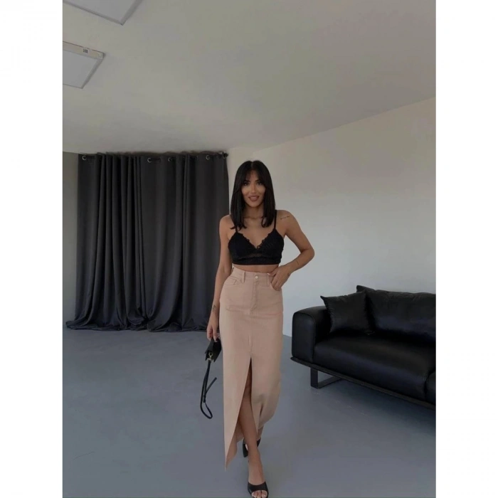 GABARDİN UZUN ÖNDEN YIRTMAÇLI ETEK - Kahverengi