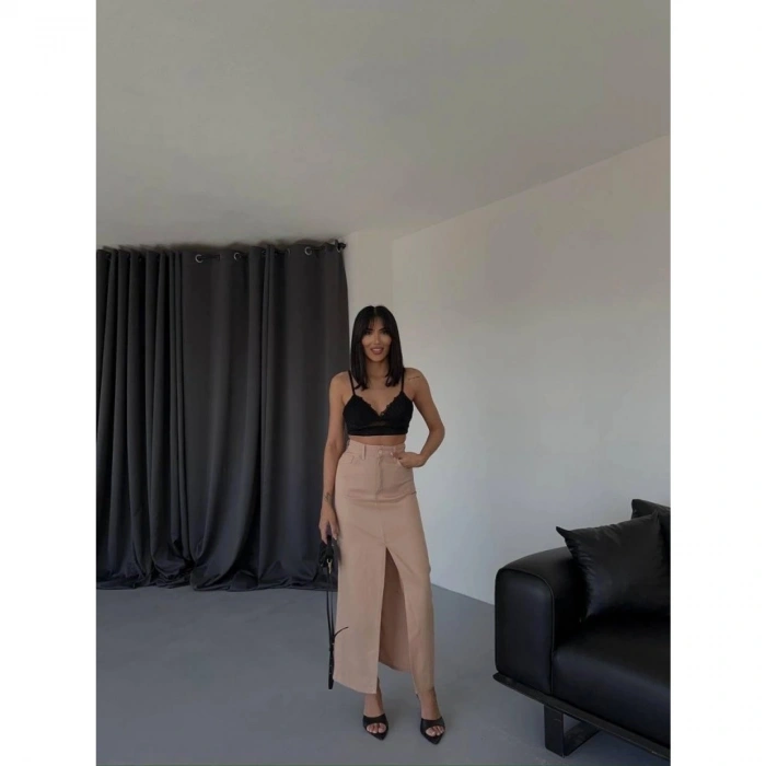 GABARDİN UZUN ÖNDEN YIRTMAÇLI ETEK - Kahverengi