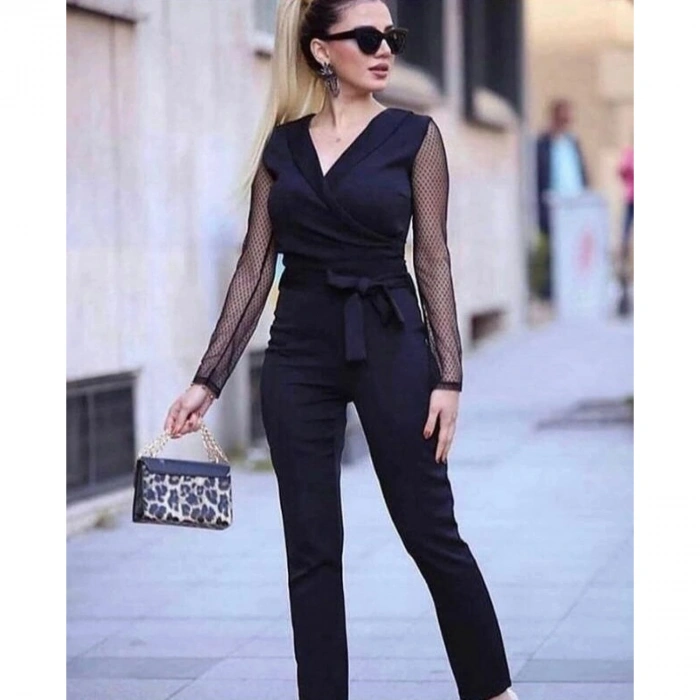 Krep Kumaş Kol Tül Puan Detaylı Kuşaklı Tulum 141 Cm